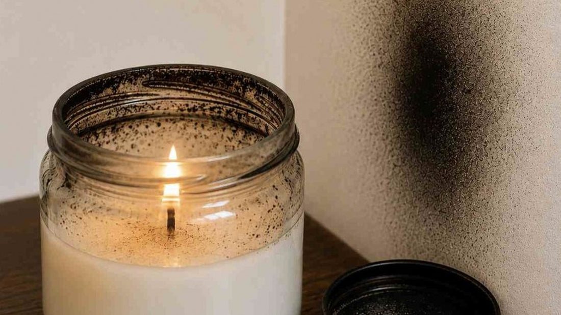 A soy candle burning in a clear glass jar with heavy black soot built up on the inside of the glass and a dark soot stain on the wall behind it