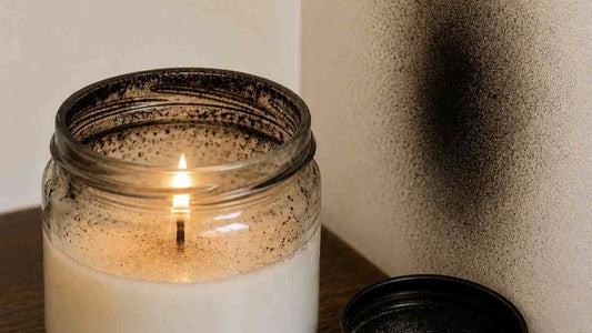 A soy candle burning in a clear glass jar with heavy black soot built up on the inside of the glass and a dark soot stain on the wall behind it