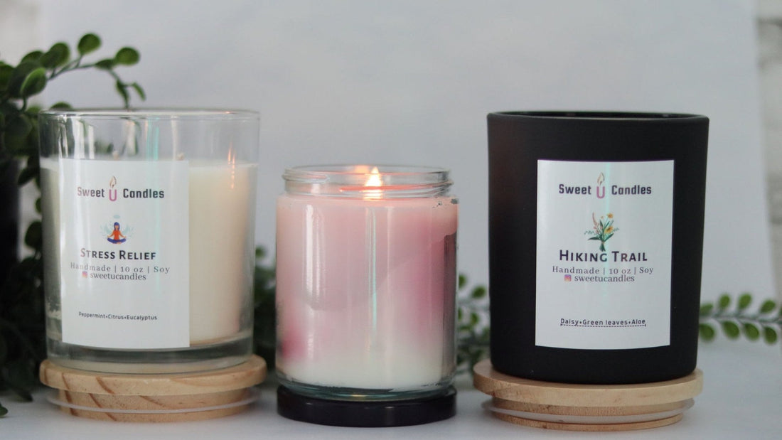 Three Sweet U Candles soy candles, the middle one lit with a visible flame and melt pool, illustrating hot throw