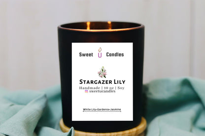 Stargazer Lily 6 oz hand-poured soy candle in black glass jar, Buffalo Grove IL