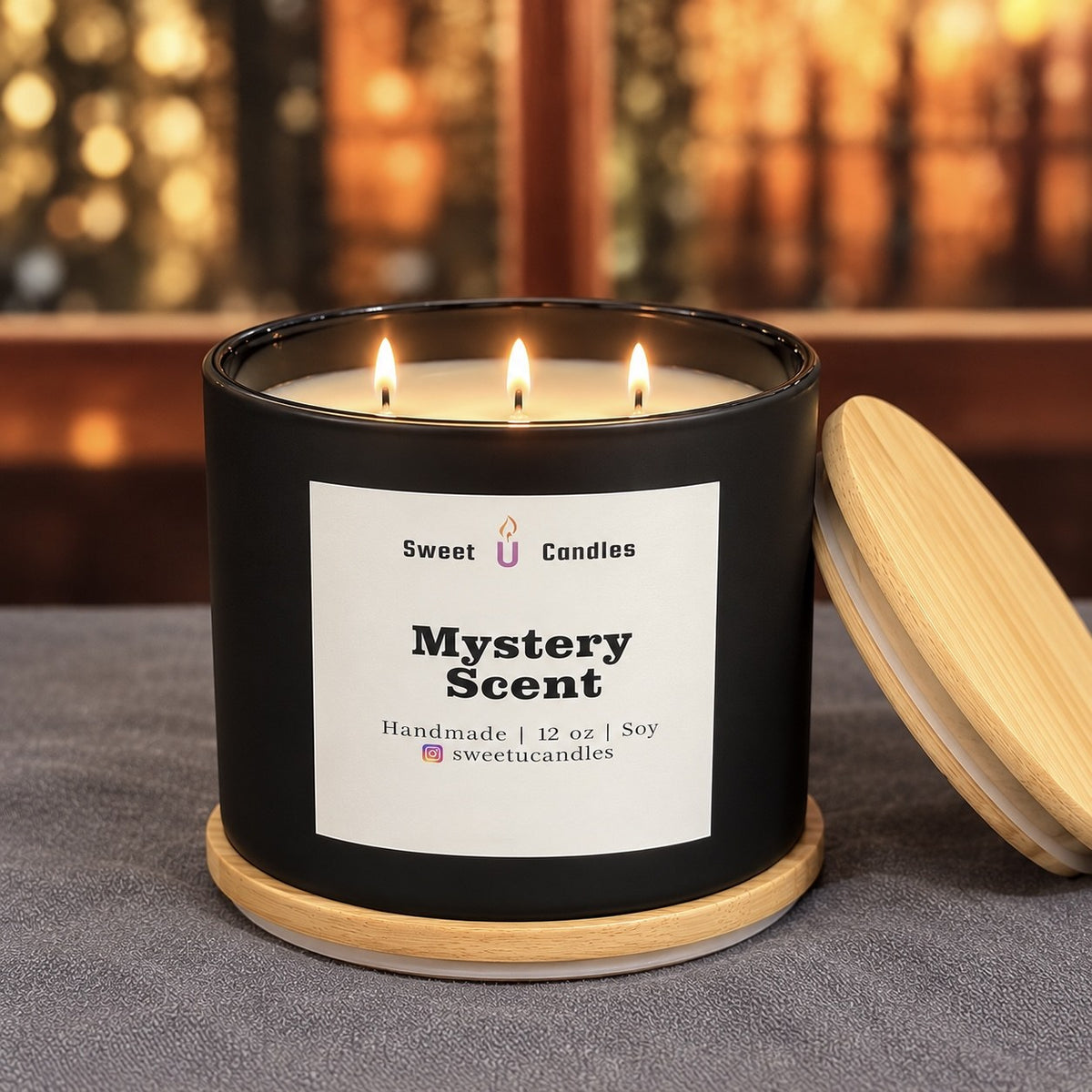 Sweet U Candles 12 oz 3-wick Mystery Scent soy candle in a matte black jar with wood lid